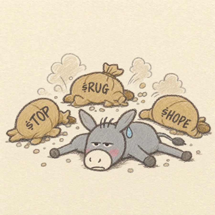 The donkey lying face down, his sacks scattered in the dust